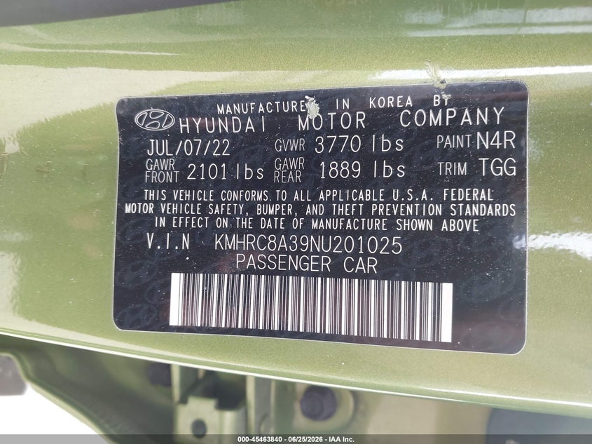 2022 Hyundai Venue Sel VIN: KMHRC8A39NU201025 Lot: 45463840