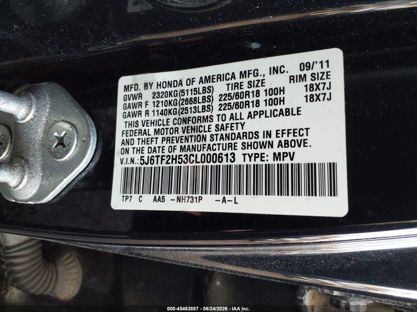 2012 Honda Crosstour Ex-L VIN: 5J6TF2H53CL000613 Lot: 45463887