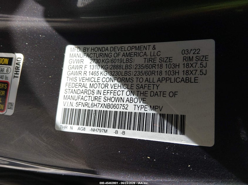 HONDA ODYSSEY 2022 VIN 5FNRL6H7XNB060752