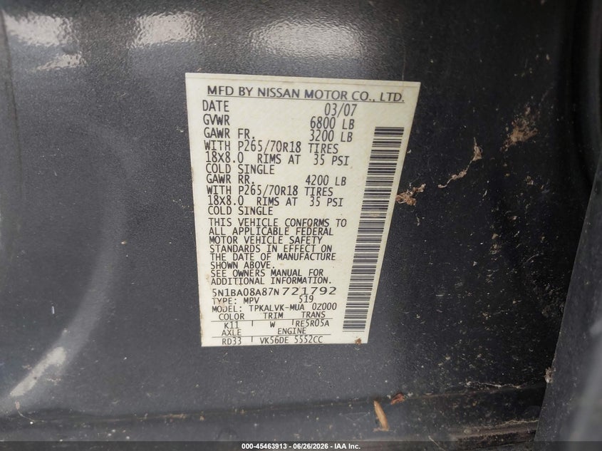 2007 Nissan Armada Le VIN: 5N1BA08A87N721792 Lot: 45463913