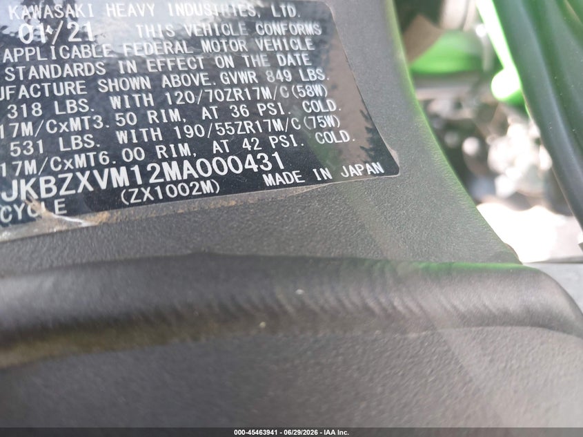 2021 Kawasaki Zx1002 M VIN: JKBZXVM12MA000431 Lot: 45463941