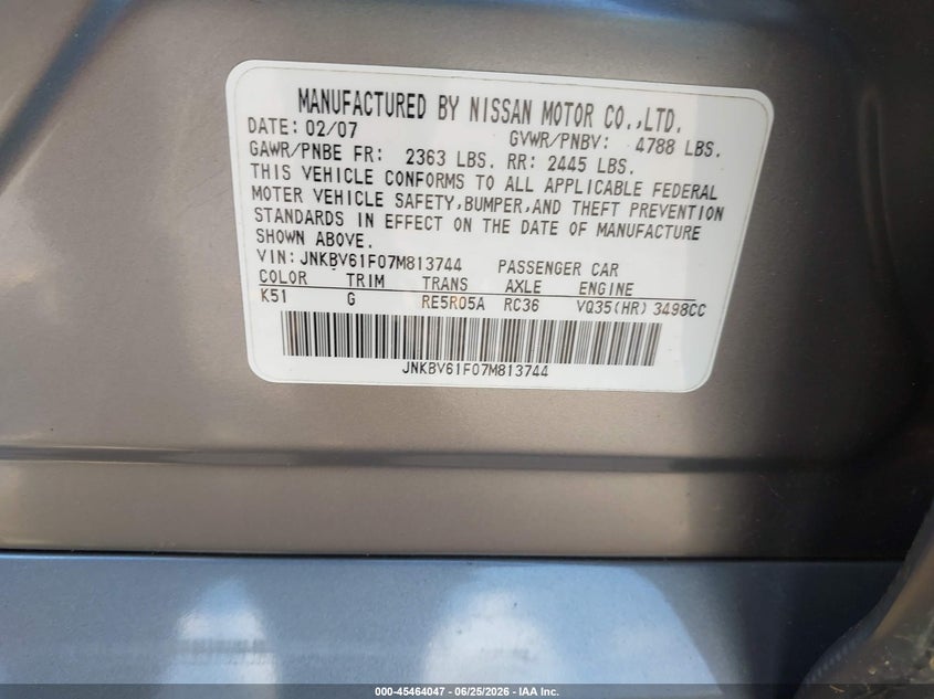 INFINITI G35X 2007 VIN JNKBV61F07M813744