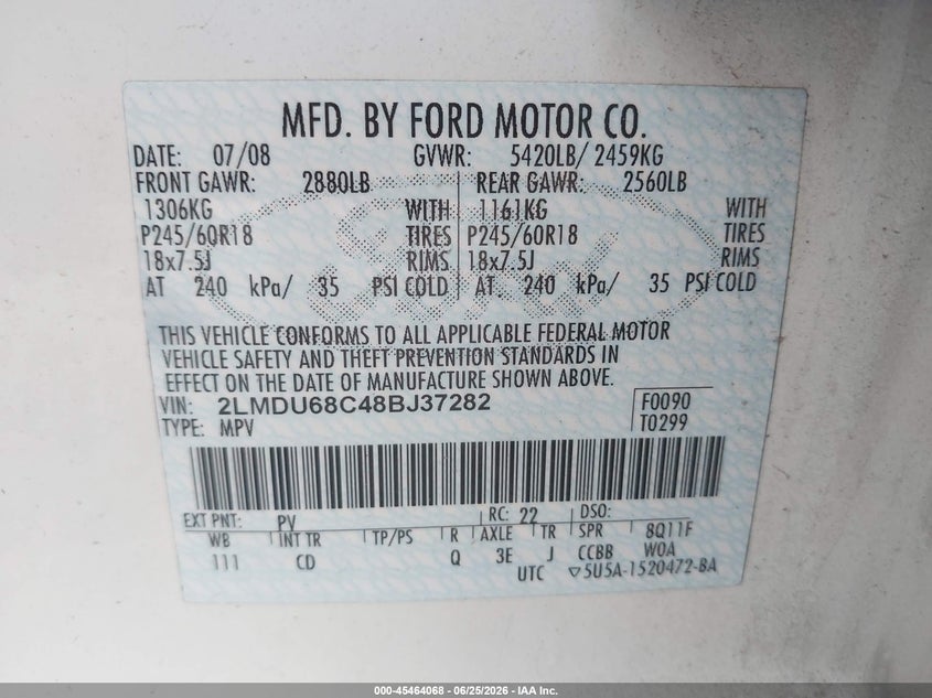 2008 Lincoln Mkx VIN: 2LMDU68C48BJ37282 Lot: 45464068