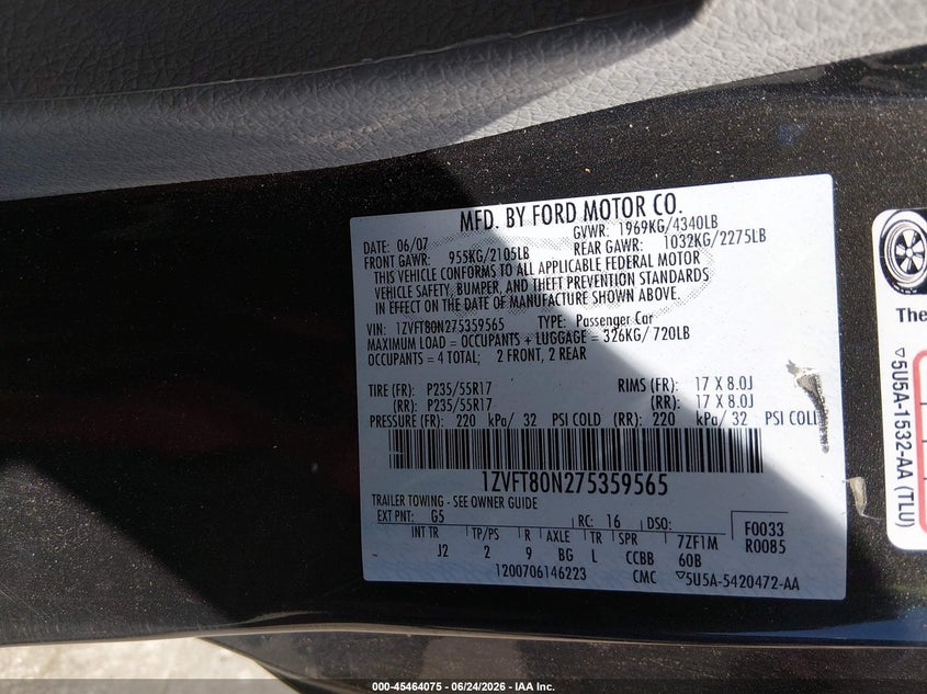 2007 FORD MUSTANG COUPE 4.0L V-6 210HP