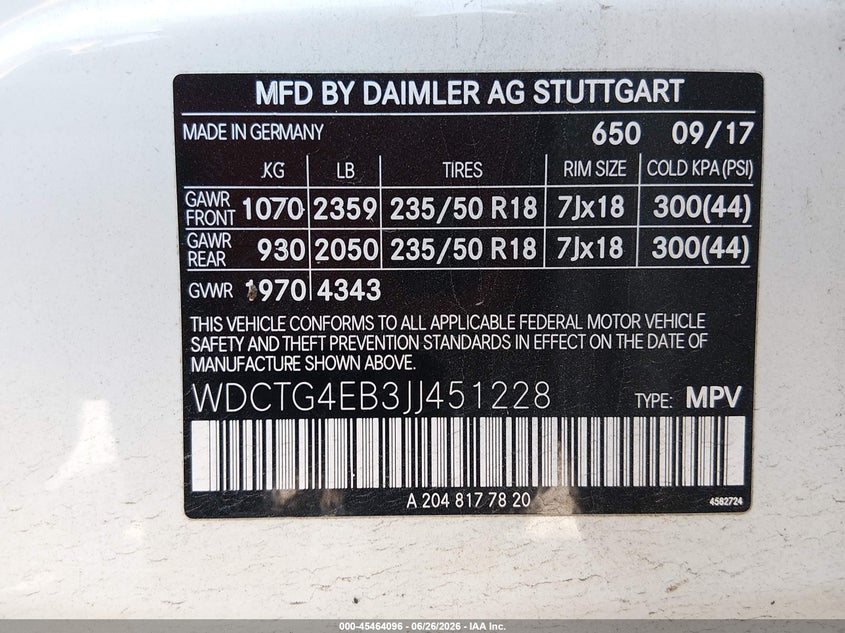 2018 Mercedes-Benz Gla 250 VIN: WDCTG4EB3JJ451228 Lot: 45464096