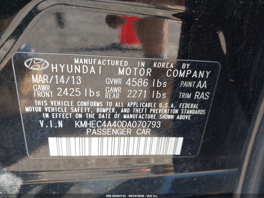 2013 HYUNDAI SONATA SEDAN 2.4L I-4 DOHC, VVT, 159HP