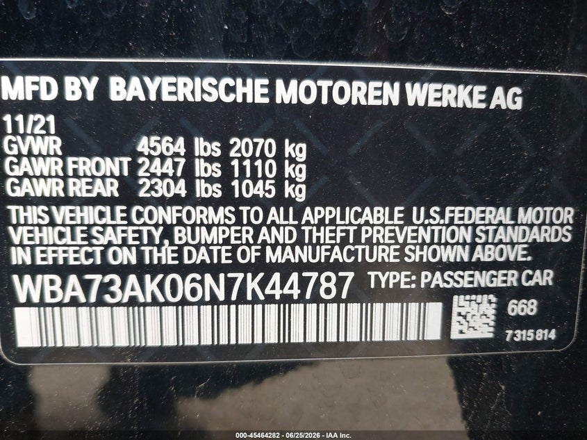 2022 BMW 228 Gran Coupe I xDrive VIN: WBA73AK06N7K44787 Lot: 45464282