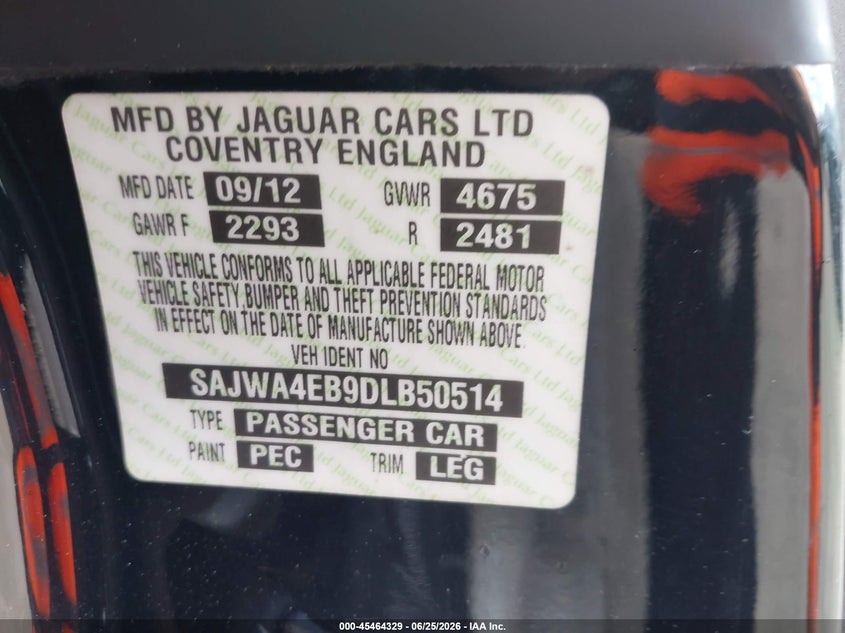 2013 Jaguar Xk Touring VIN: SAJWA4EB9DLB50514 Lot: 45464329