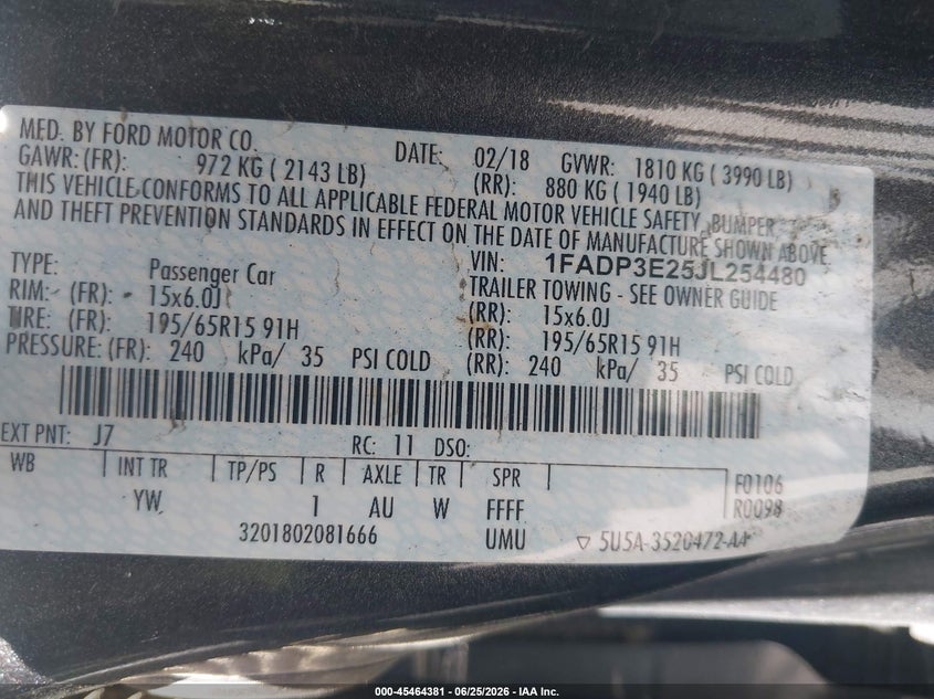 VIN 1FADP3E25JL254480 2018 FORD FOCUS S