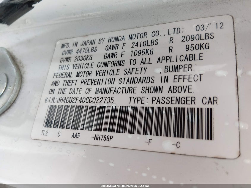 2012 Acura Tsx 2.4 VIN: JH4CU2F40CC022735 Lot: 45464473
