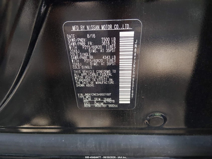 2017 Nissan Armada Platinum VIN: JN8AY2NC5H9501697 Lot: 45464477