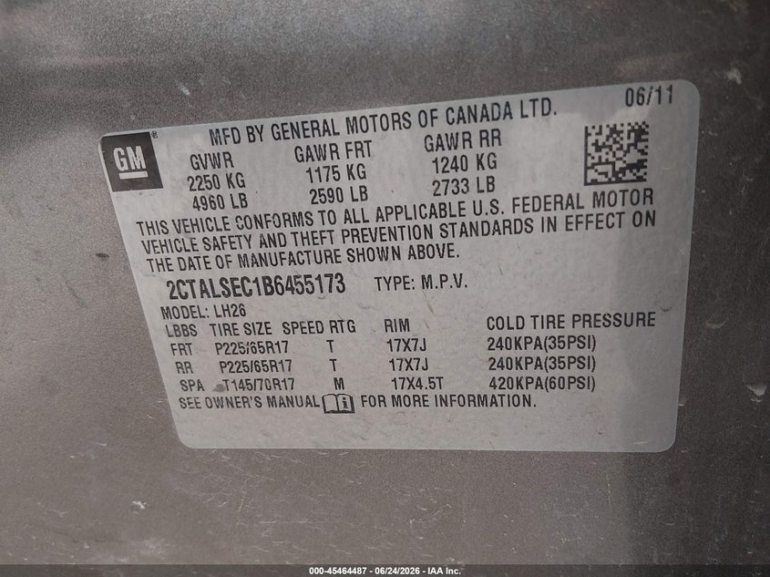 GMC TERRAIN 2011 VIN 2CTALSEC1B6455173