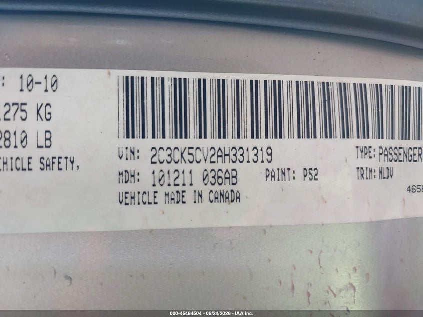 CHRYSLER 300 2010 VIN 2C3CK5CV2AH331319