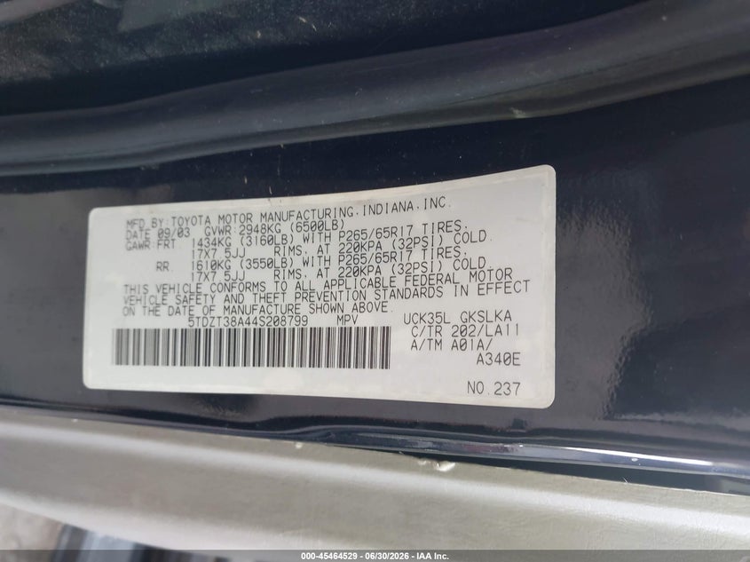 2004 Toyota Sequoia Limited V8 VIN: 5TDZT38A44S208799 Lot: 45464529
