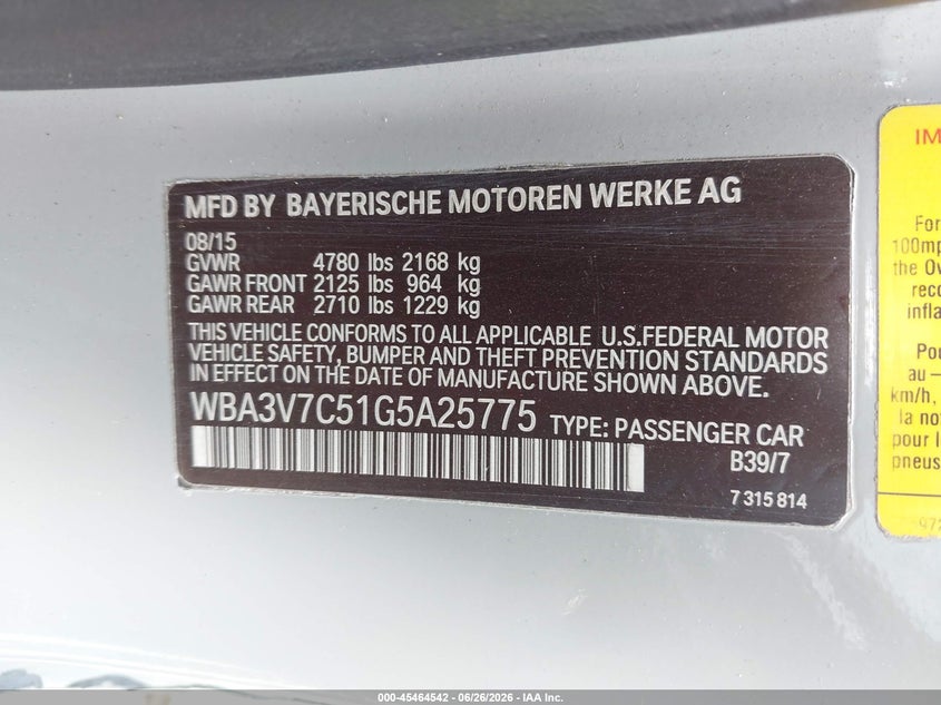 2016 BMW 428I VIN: WBA3V7C51G5A25775 Lot: 45464542