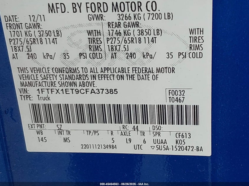 2012 FORD F-150 PICKUP 3.5L V-6 DI, DOHC, VVT, TURBO, 365HP