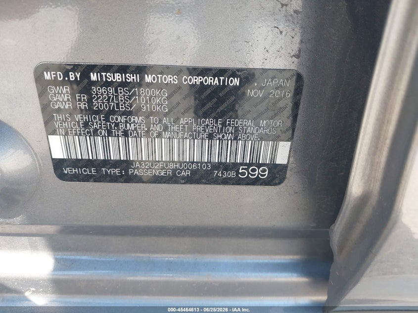 2017 Mitsubishi Lancer Es VIN: JA32U2FU8HU006103 Lot: 45464613