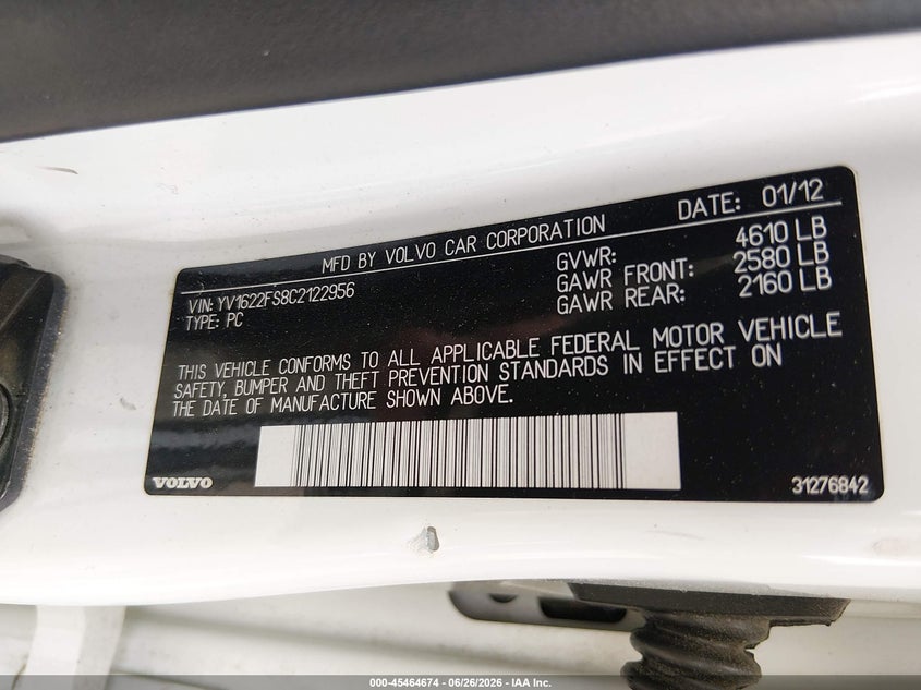 2012 Volvo S60 T5/T5 W/Moonroof VIN: YV1622FS8C2122956 Lot: 45464674