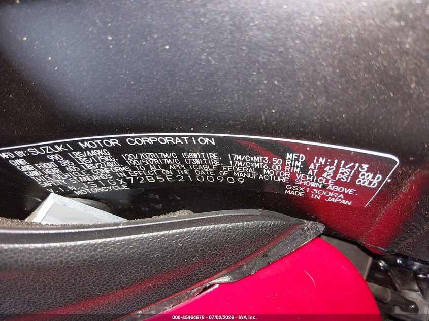 2014 Suzuki Gsx1300 Ra VIN: JS1GX72B5E2100909 Lot: 45464678
