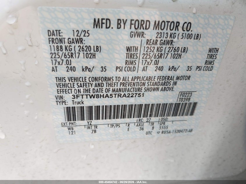 2026 Ford Maverick Xlt VIN: 3FTTW8HA5TRA22751 Lot: 45464742