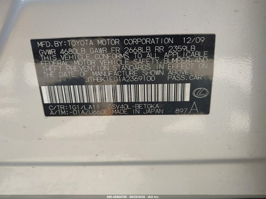 LEXUS ES 350 2010 VIN JTHBK1EG1A2369100