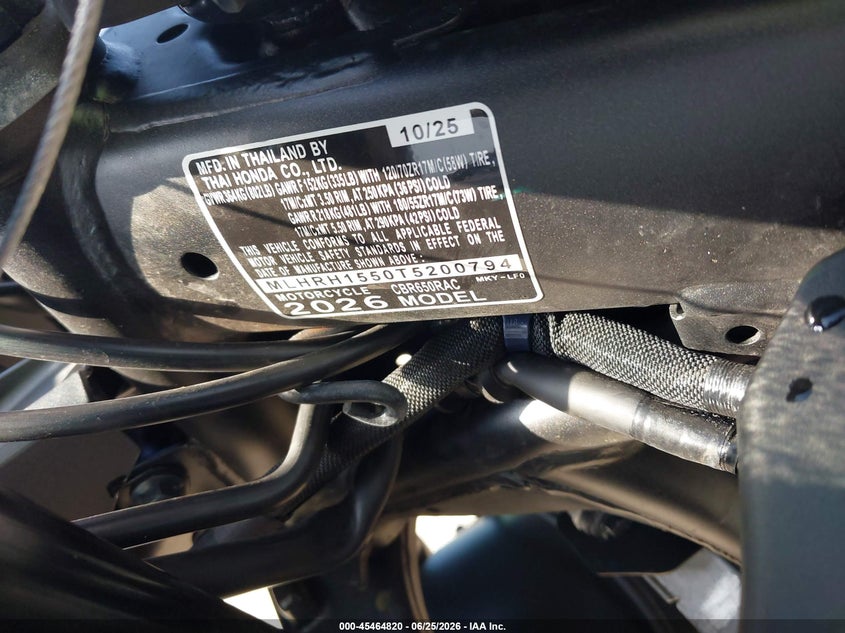 2026 Honda Cbr650 R VIN: MLHRH1550T5200794 Lot: 45464820