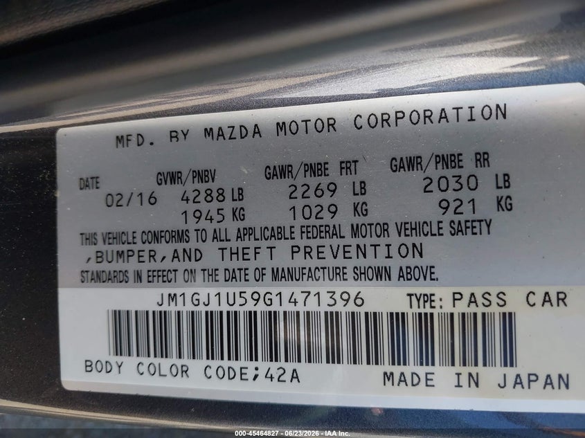 2016 Mazda Mazda6 I Sport VIN: JM1GJ1U59G1471396 Lot: 45464827