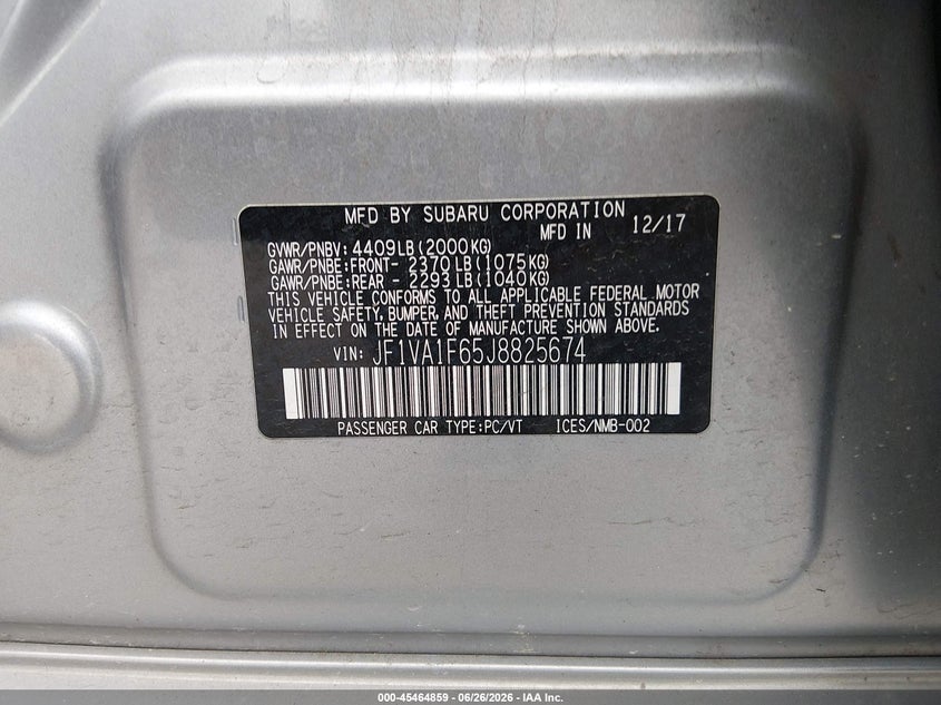2018 Subaru Wrx Limited VIN: JF1VA1F65J8825674 Lot: 45464859