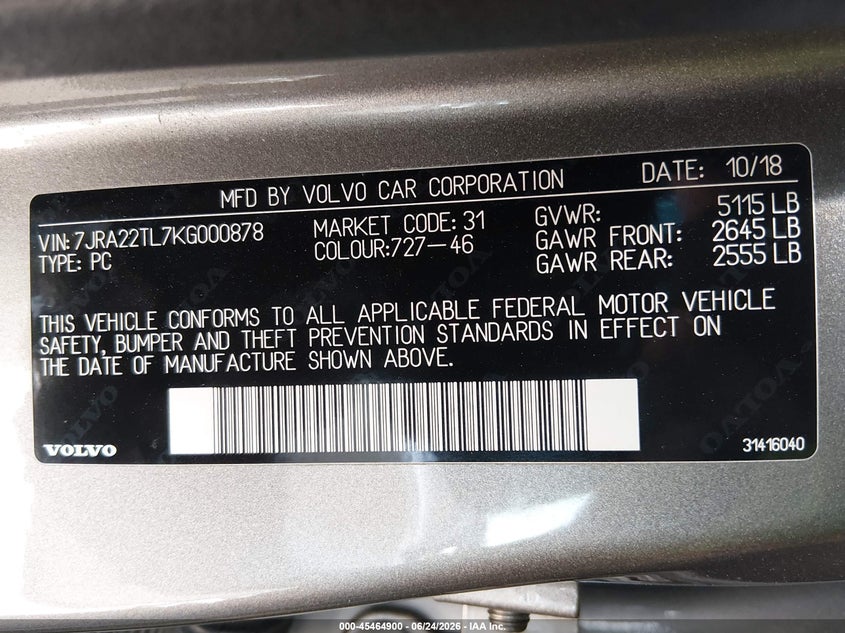 2019 Volvo S60 T6 Inscription VIN: 7JRA22TL7KG000878 Lot: 45464900