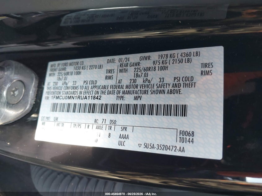 2024 FORD ESCAPE SPORT UTILITY VEHICLE 1.5L I-3 DI, DOHC, VVT, TURBO, 180HP