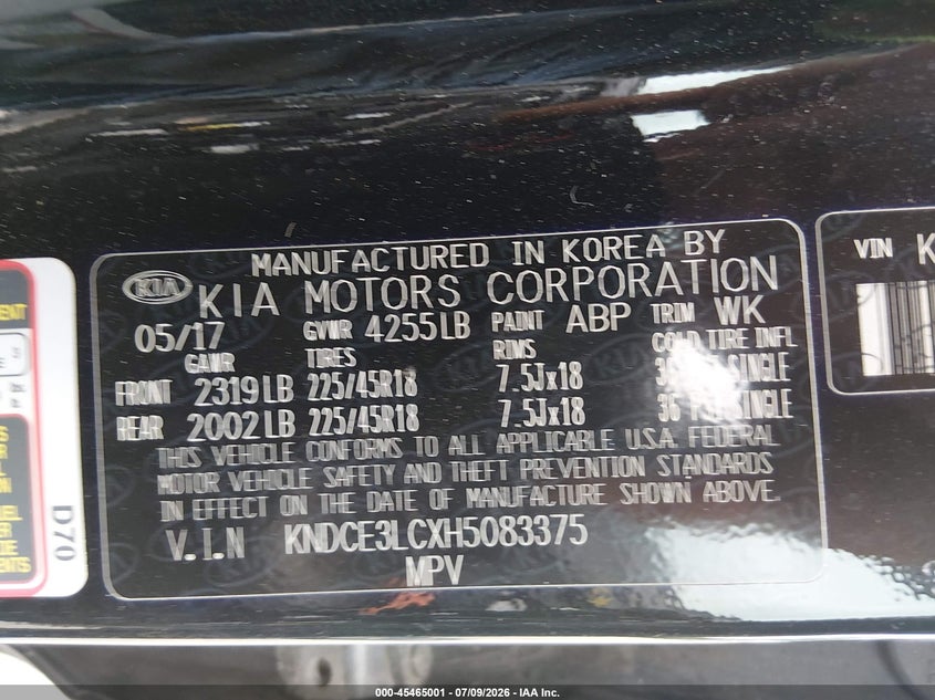 2017 Kia Niro Touring VIN: KNDCE3LCXH5083375 Lot: 45465001