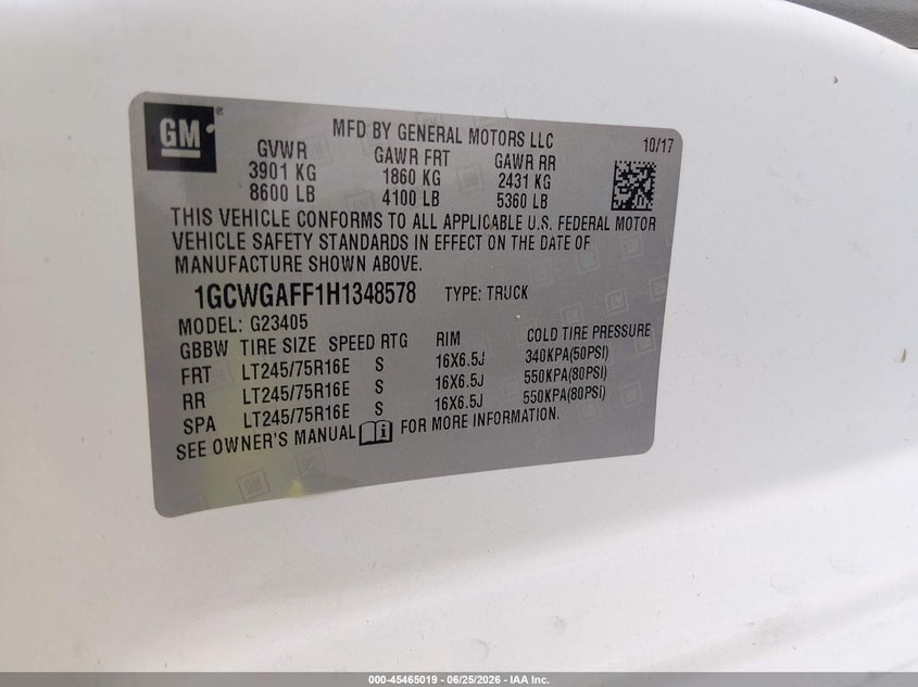 2017 Chevrolet Express 2500 Work Van VIN: 1GCWGAFF1H1348578 Lot: 45465019