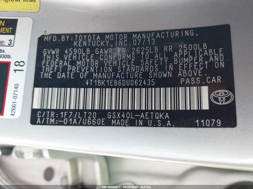 2013 Toyota Avalon Xle Touring VIN: 4T1BK1EB6DU062435 Lot: 45465077