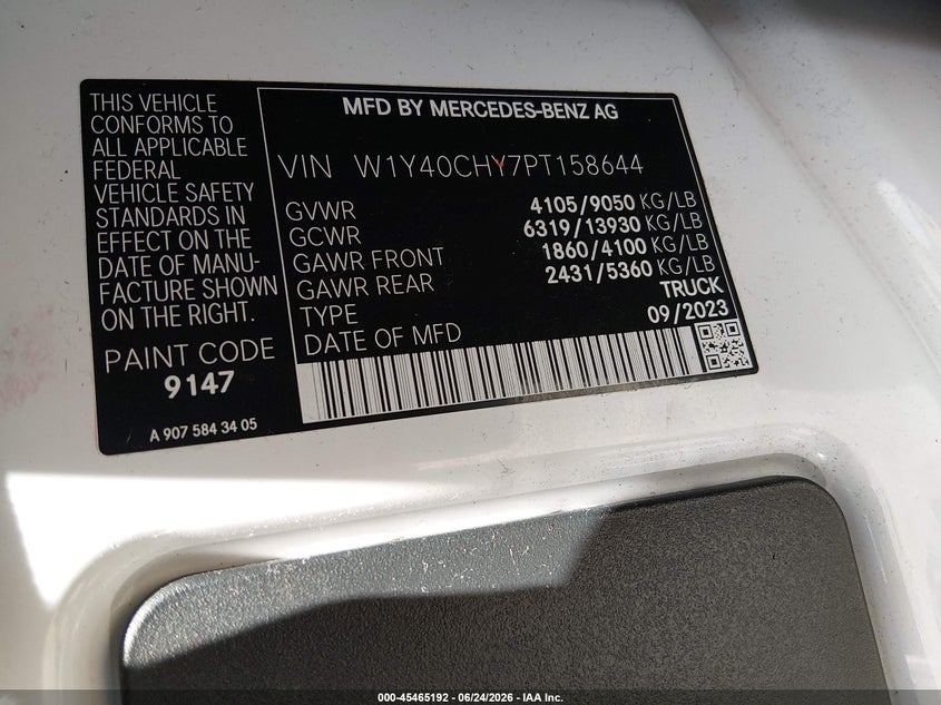 2023 Mercedes-Benz Sprinter 2500 High Roof 4-Cyl Gas VIN: W1Y40CHY7PT158644 Lot: 45465192
