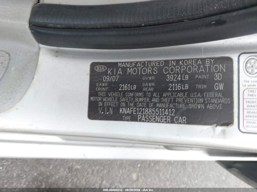 2008 Kia Spectra Ex VIN: KNAFE121885511412 Lot: 45465232