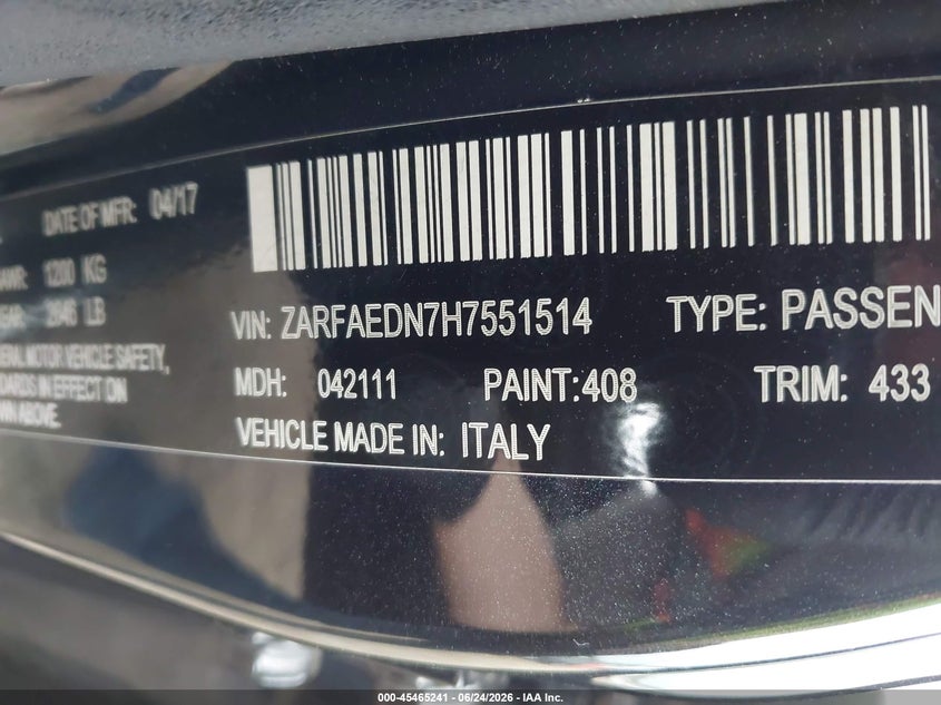 2017 Alfa Romeo Giulia Awd VIN: ZARFAEDN7H7551514 Lot: 45465241