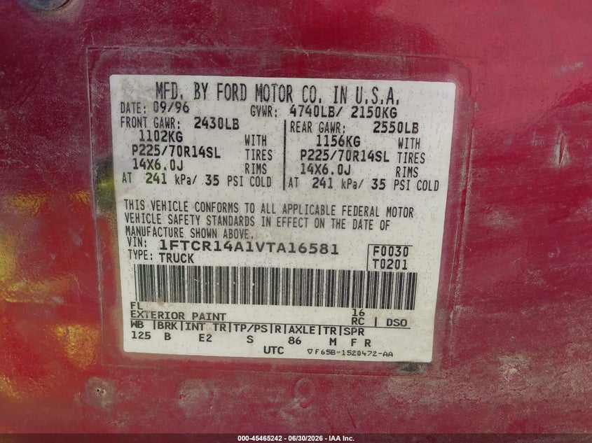 1997 Ford Ranger Xl/Xlt VIN: 1FTCR14A1VTA16581 Lot: 45465242