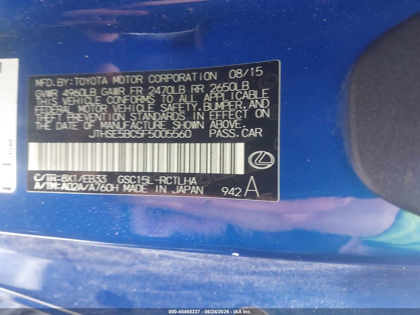 2015 Lexus Rc 350 VIN: JTHSE5BC5F5005560 Lot: 45465337
