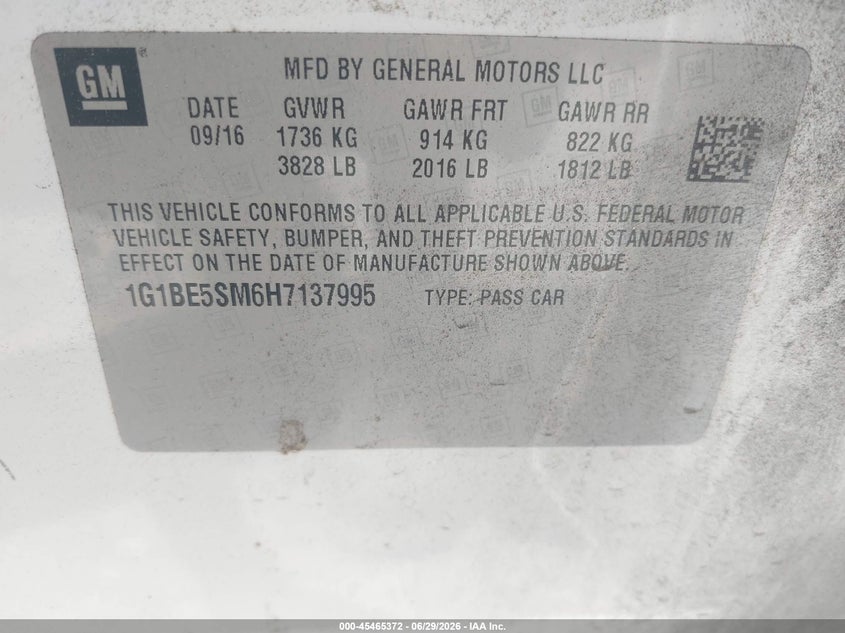 CHEVROLET CRUZE 2017 VIN 1G1BE5SM6H7137995
