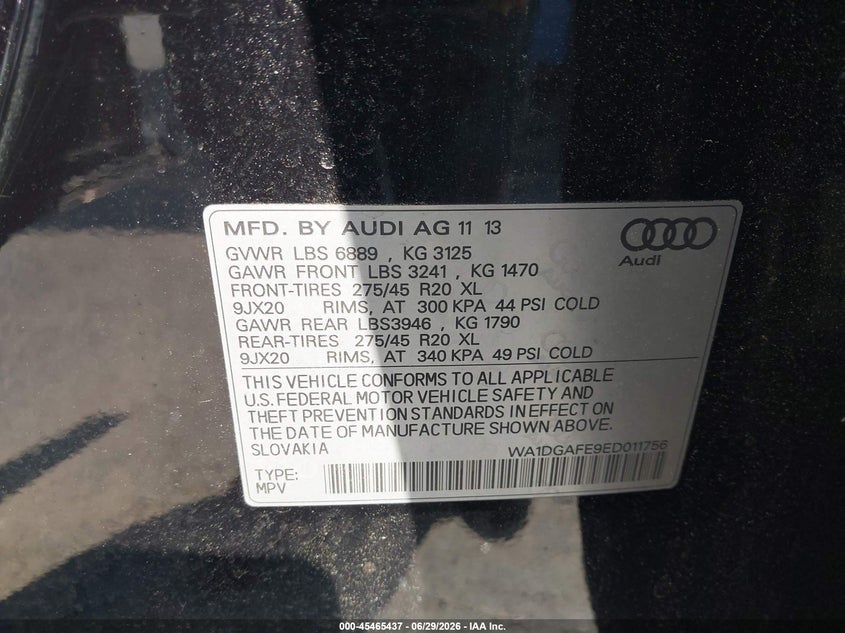 2014 Audi Q7 3.0T S Line Prestige VIN: WA1DGAFE9ED011756 Lot: 45465437