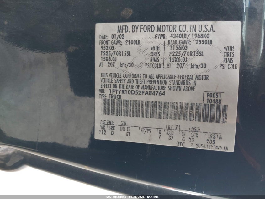 2002 FORD RANGER TRUCK 2.3L I-4 DOHC, 135HP