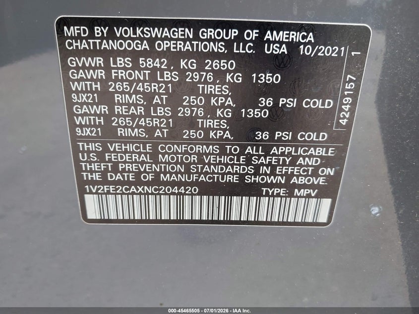 2022 Volkswagen Atlas Cross Sport 3.6L V6 Sel Premium R-Line VIN: 1V2FE2CAXNC204420 Lot: 45465505