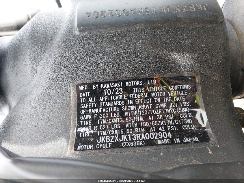 2024 Kawasaki Zx636 K VIN: JKBZXJK13RA002904 Lot: 45465526
