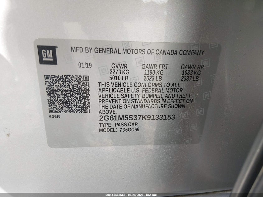 2019 Cadillac Xts Luxury VIN: 2G61M5S37K9133153 Lot: 45465566