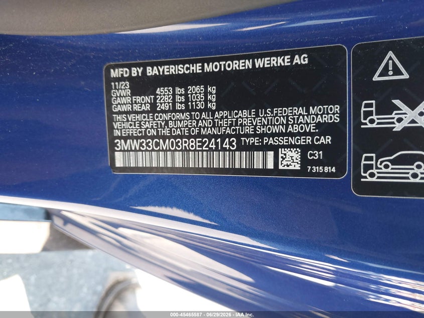 2024 BMW 230I xDrive VIN: 3MW33CM03R8E24143 Lot: 45465587