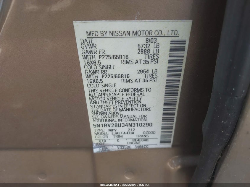 2004 Nissan Quest S/Se/Sl VIN: 5N1BV28U34N310290 Lot: 45465614
