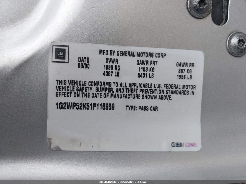 2001 Pontiac Grand Prix Gt VIN: 1G2WP52K51F116959 Lot: 45465668