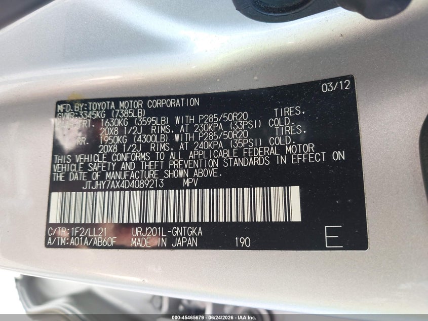 2013 Lexus Lx 570 VIN: JTJHY7AX4D4089213 Lot: 45465679
