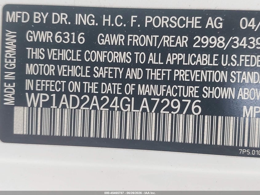 2016 Porsche Cayenne Gts VIN: WP1AD2A24GLA72976 Lot: 45465787