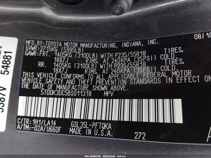2011 TOYOTA SIENNA VAN 3.5L V-6 DOHC, VVT, 265HP